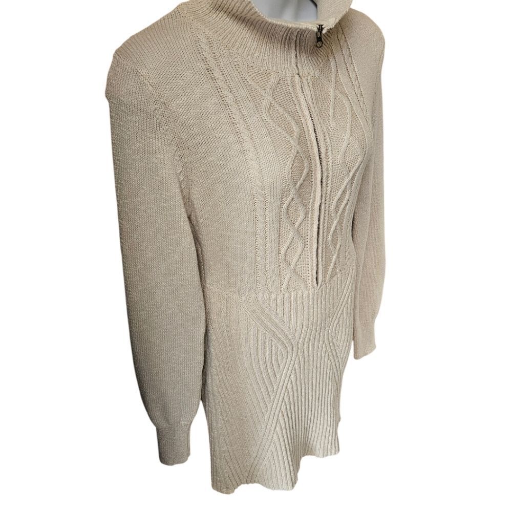 💥Free People XL Zip Front Cable Knit Sweater Mini Dress Beige Boho Cozy Chic - Picture 4 of 15